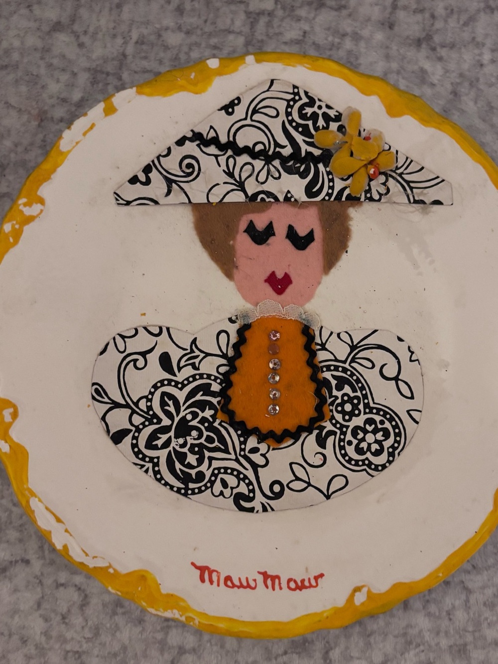Vintage Handmade 1960 Decorative Lady Plaque in Yellow, Black & White